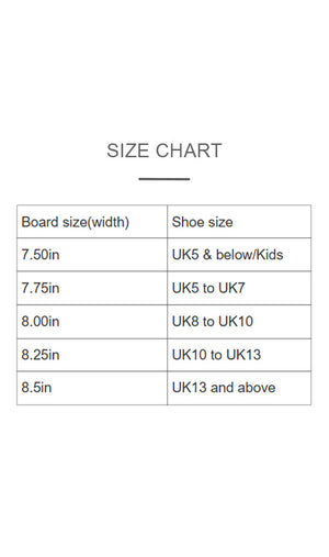 Decks & complete skateboard size chart