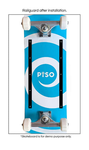 Skateboard with a railguard installed, featuring the Piso brand logo.