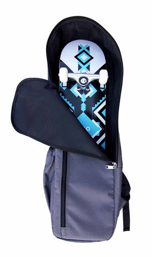 Front view of bag with skateboard
